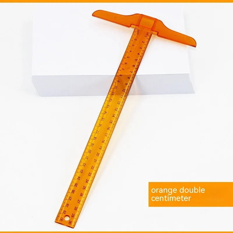 30cm plastic T-square ruler with dual measurement scales in transparent or orange colour