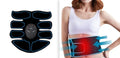 Digital EMS abdominal muscle trainer patch set with three pieces and a charging unit in red, blue, or yellow.