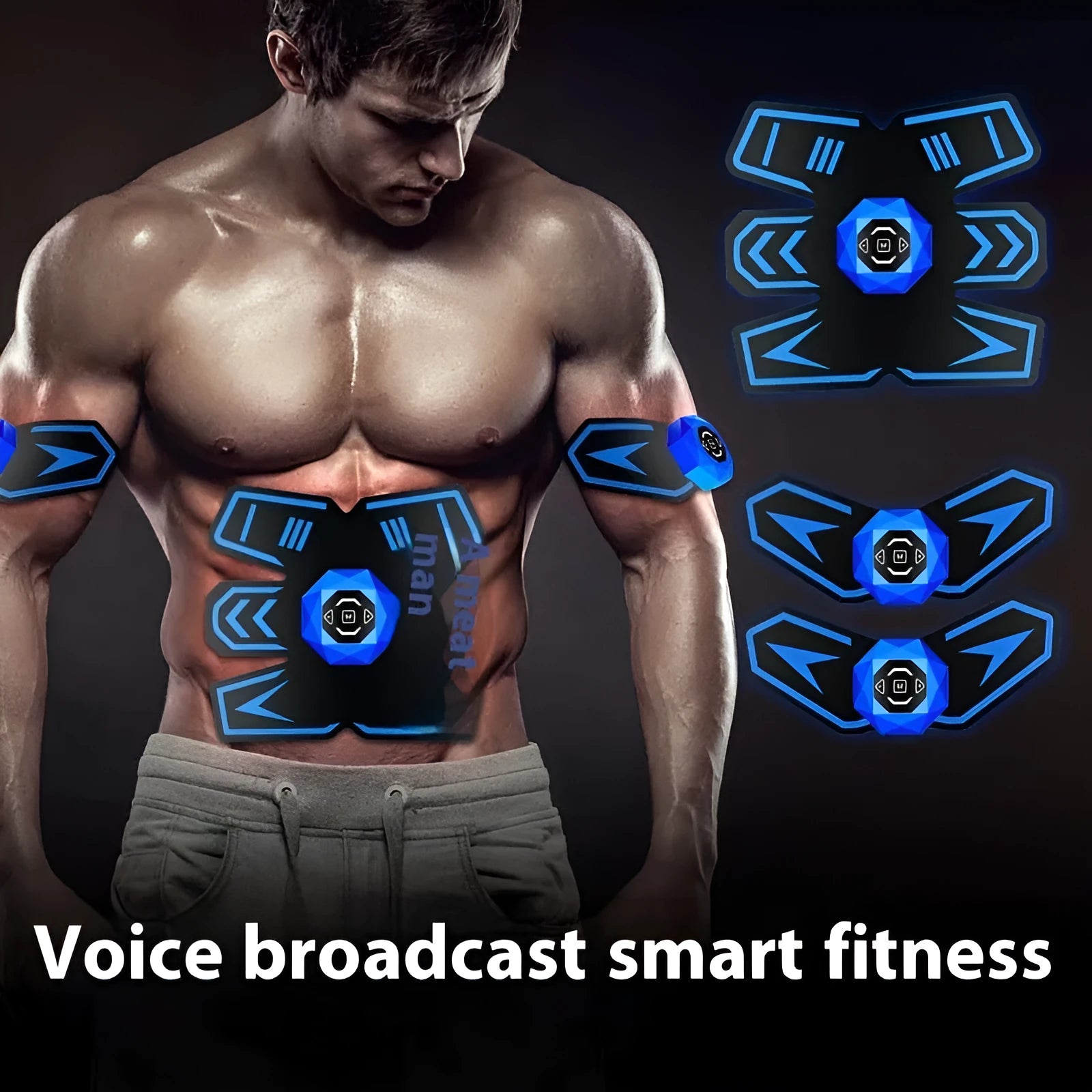 Eight abdominal massage patches for waist reduction in black and blue colours with PU leather, silicone and ABS construction