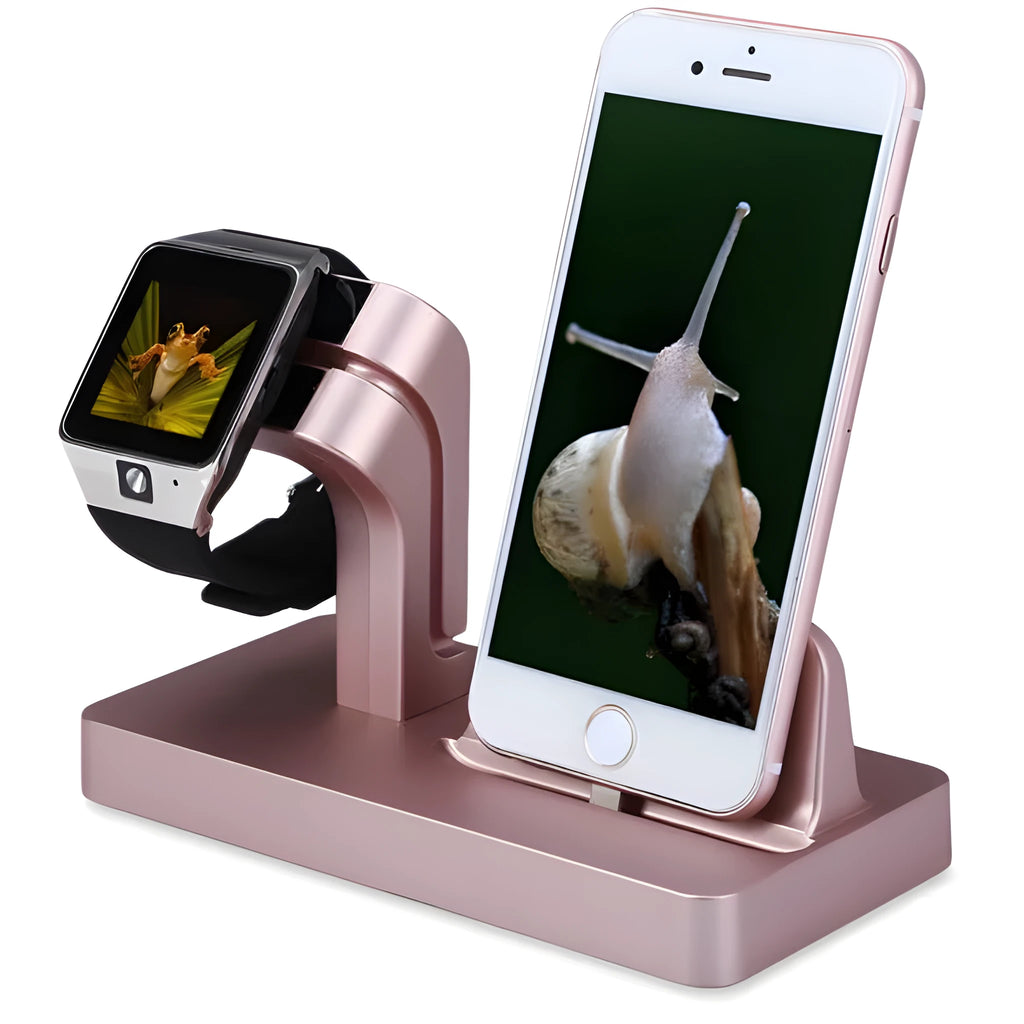 White 2-in-1 charging dock station holding iPhone and Apple Watch with cable management cutout