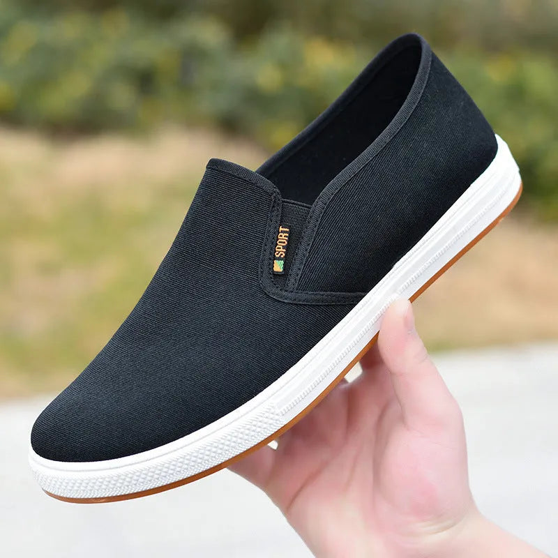 Men's low-top slip-on canvas shoes in black and blue, showing round toe and shallow cut.