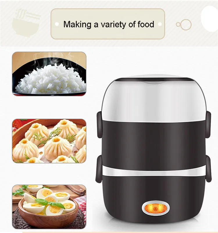 USB-powered electric lunch box showing two-layer and three-layer container options for food heating