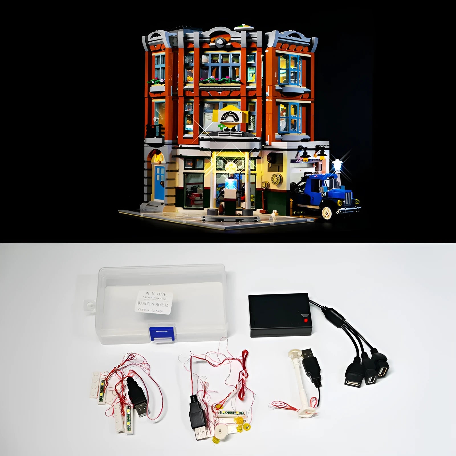 Plastic LED lighting accessories for LEGO MOC models with corner repair shop lighting group theme
