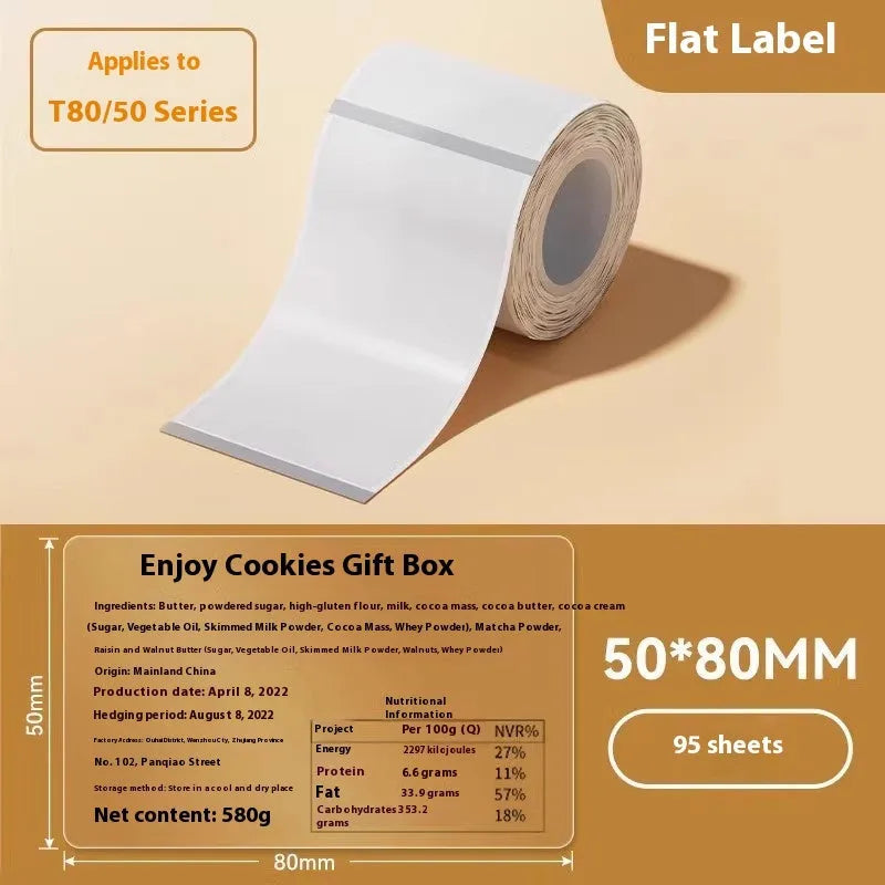Roll of transparent waterproof adhesive labels showing rectangular and round sizes on thermal synthetic paper.