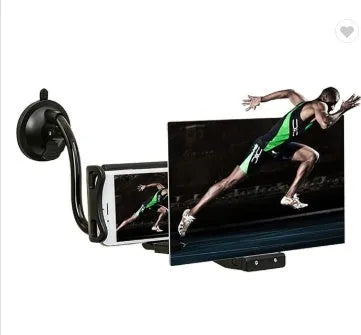 Black mobile phone screen amplifier with adjustable folding bracket on a 12-inch acrylic display