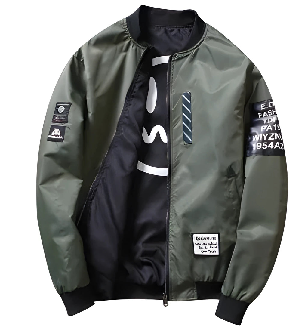 Reversible men's flight jacket showing stripe pattern, zip placket, and no collar design