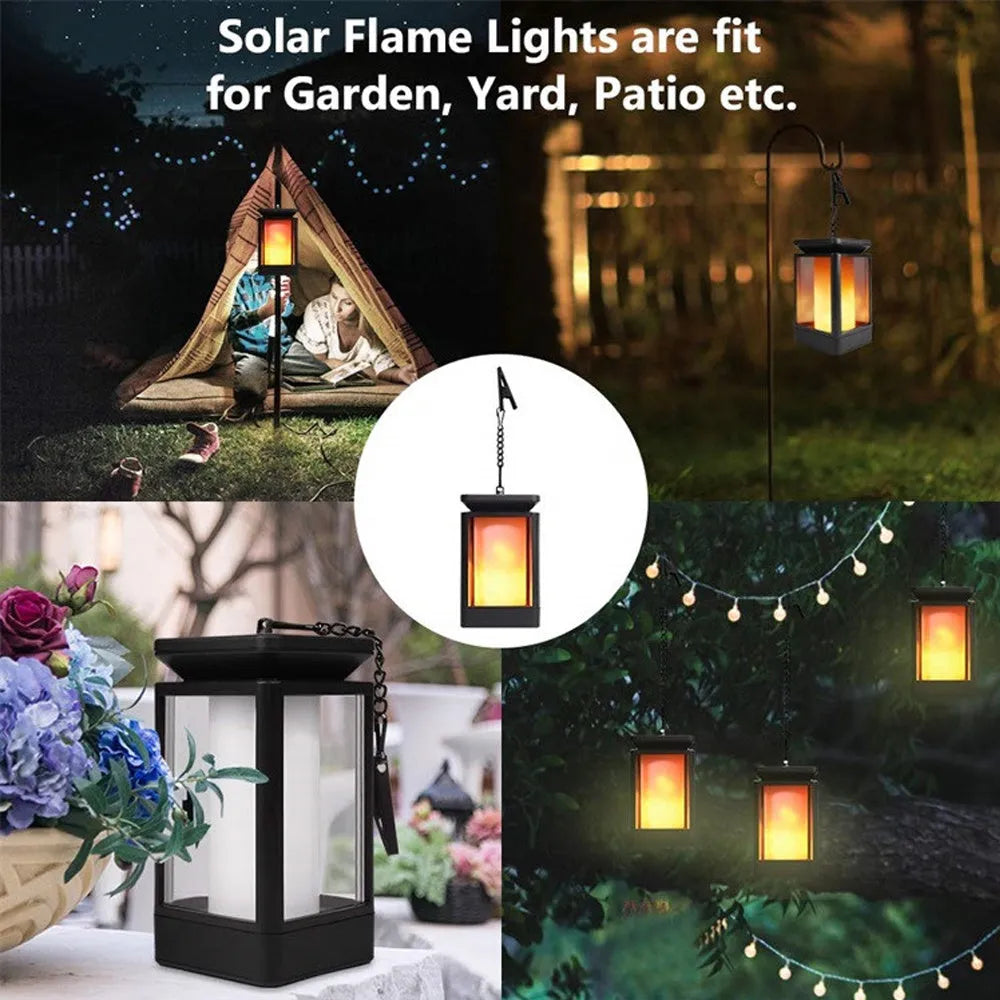 Black antique flame-shaped solar LED garden light with solar panel on top for outdoor pathway illumination