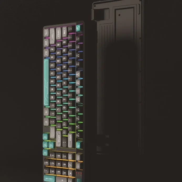 Three-colour luminous mechanical-feel USB keyboard in desktop setup showing backlighting