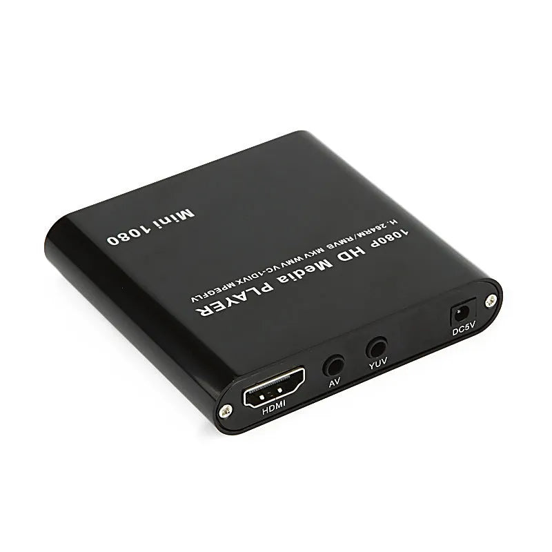 Compact black 1080P Full HD media player with ports for HDMI, USB, SD card, and power.