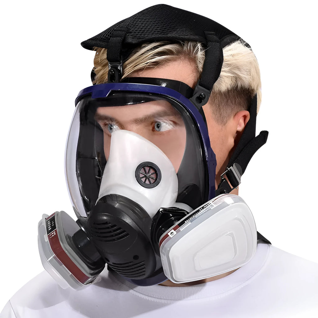 Blue edge spherical full face mask with silicone trapezoidal canister for KN95 respiratory protection