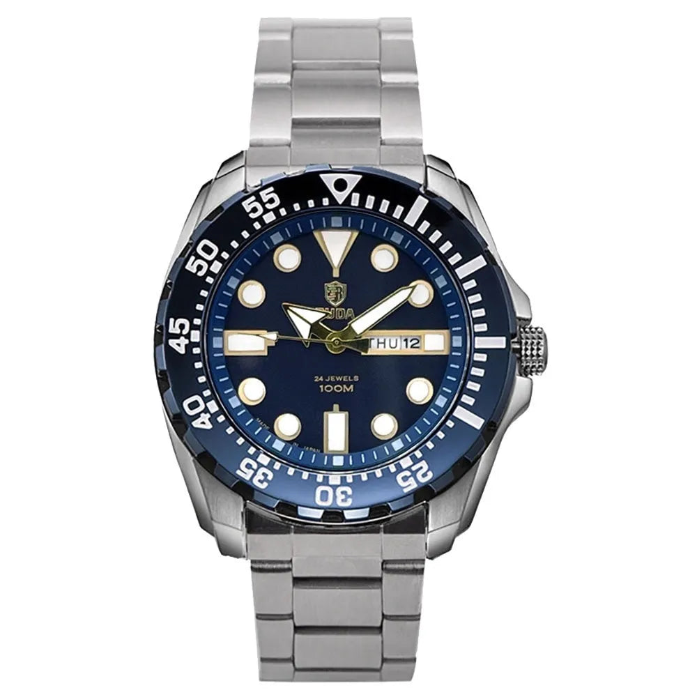 Men's waterproof quartz watch with luminous hands showing blue dial and steel bracelet option