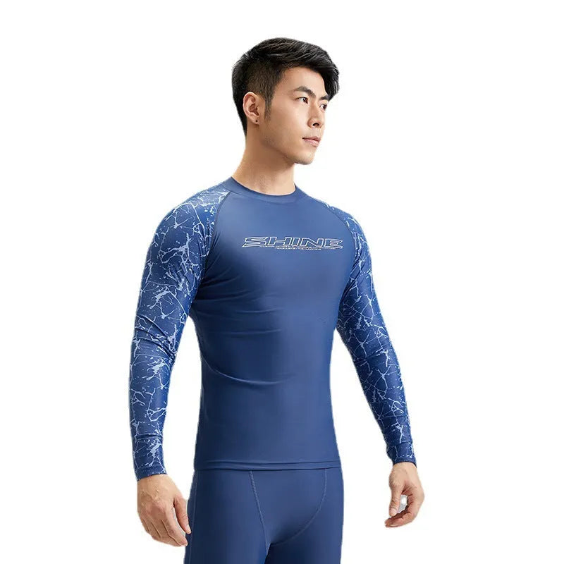 Dark blue nylon men's swimwear set with matching top and trousers for swimming and wading