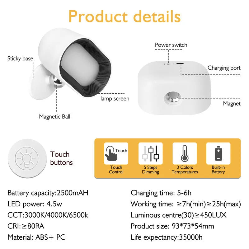 Oval-shaped remote control magnetic wall lamp in white or black with touch surface
