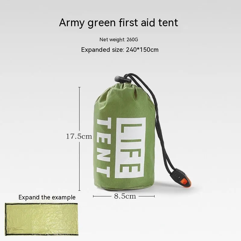 Orange portable disaster relief tent kit with sleeping bag, raincoat, and emergency blanket packed together.