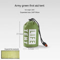 Orange portable disaster relief tent kit with sleeping bag, raincoat, and emergency blanket packed together.