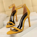 European style women's ankle-strap high heel sandals with open toe and buckle fastening