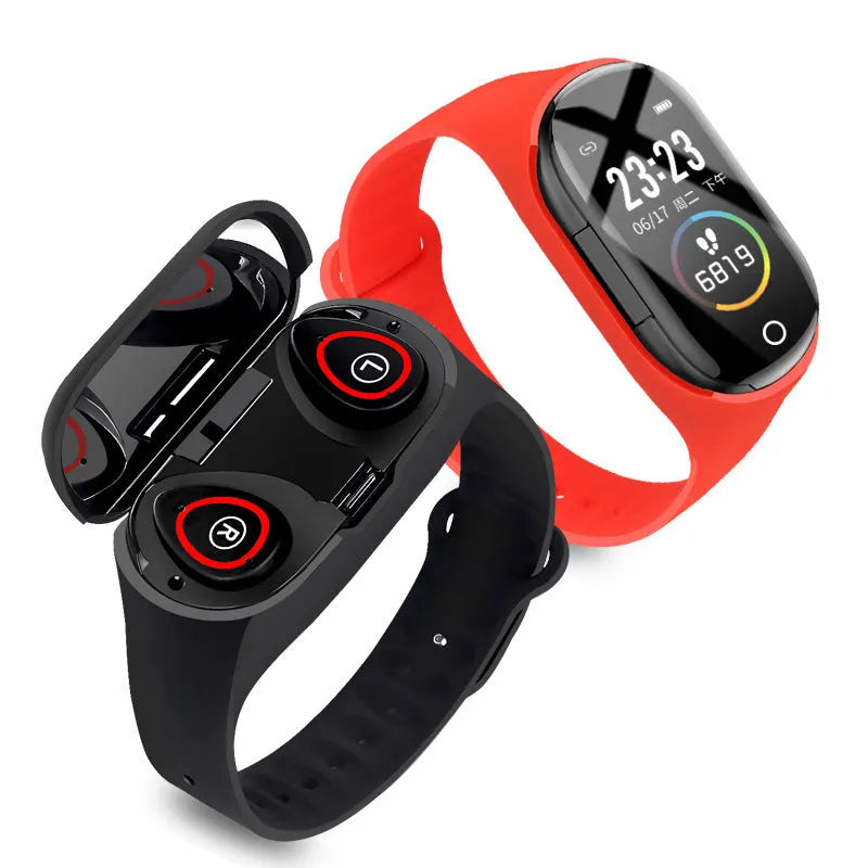 Smart bracelet with integrated Bluetooth earphones in silicone wristband showing 1-inch screen