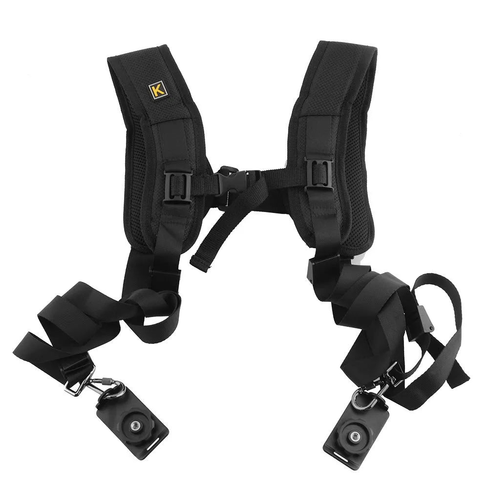 Black dual camera strap for two SLRs, showing thick shoulder sponge and metal connectors.
