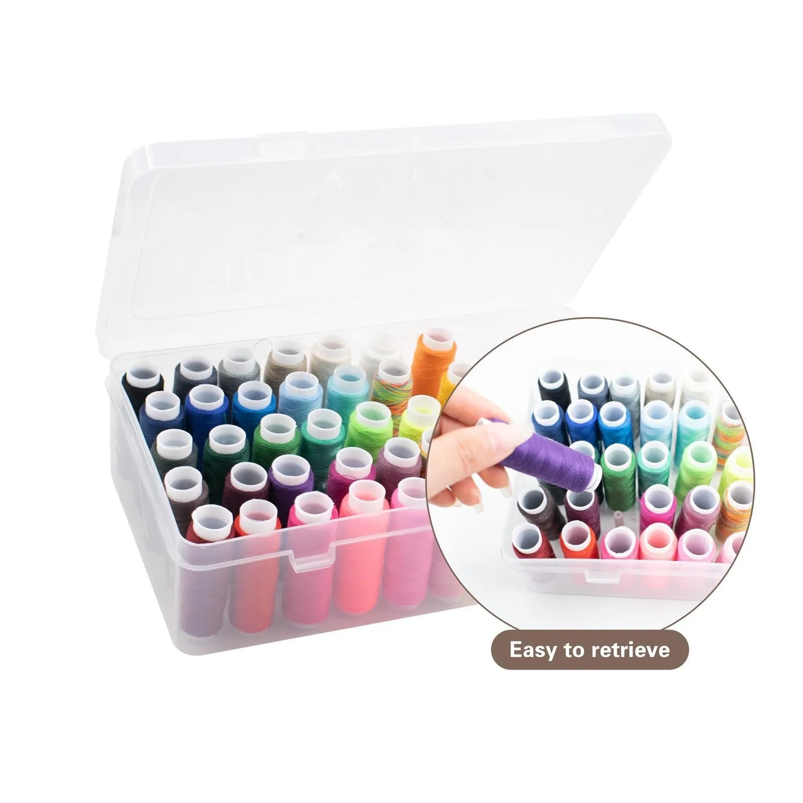 42-compartment plastic embroidery storage box in transparent, pink, or blue colour showing organised thread compartments