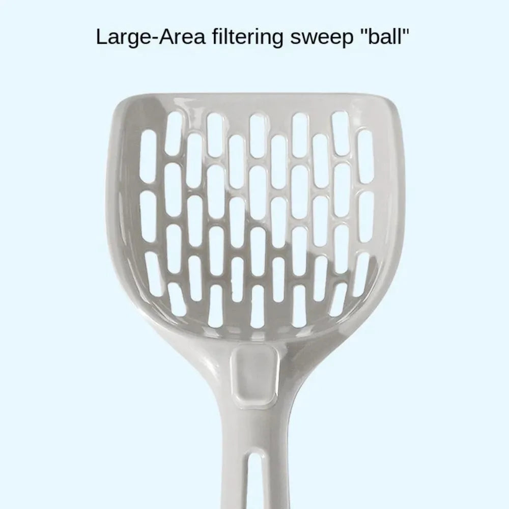 Grey plastic cat litter scoop with storage base showing perforated strainer design