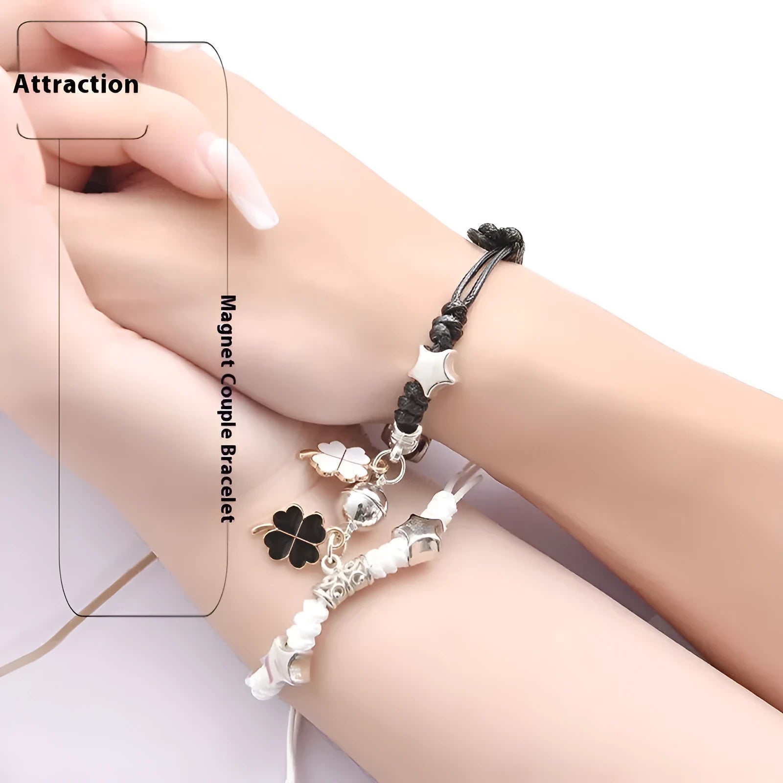 Pair of alloy suction bracelets with engraved symbol choices including crown, love lock, and clover.