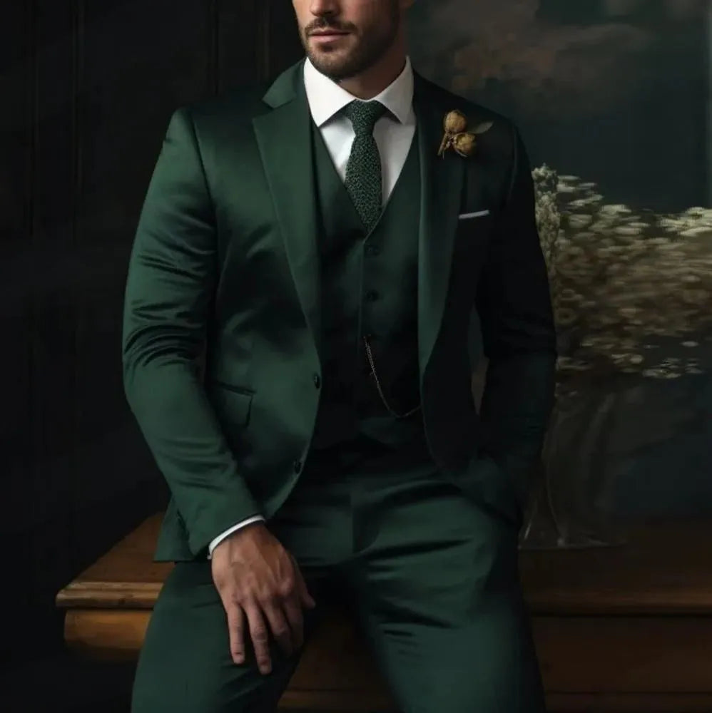 Men's slim fit three-piece business suit set in light style, polyester blend fabric, including top trousers and waistcoat
