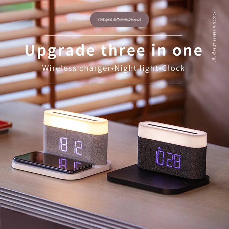 Mini wireless charging desktop clock night light table lamp in black or white colours