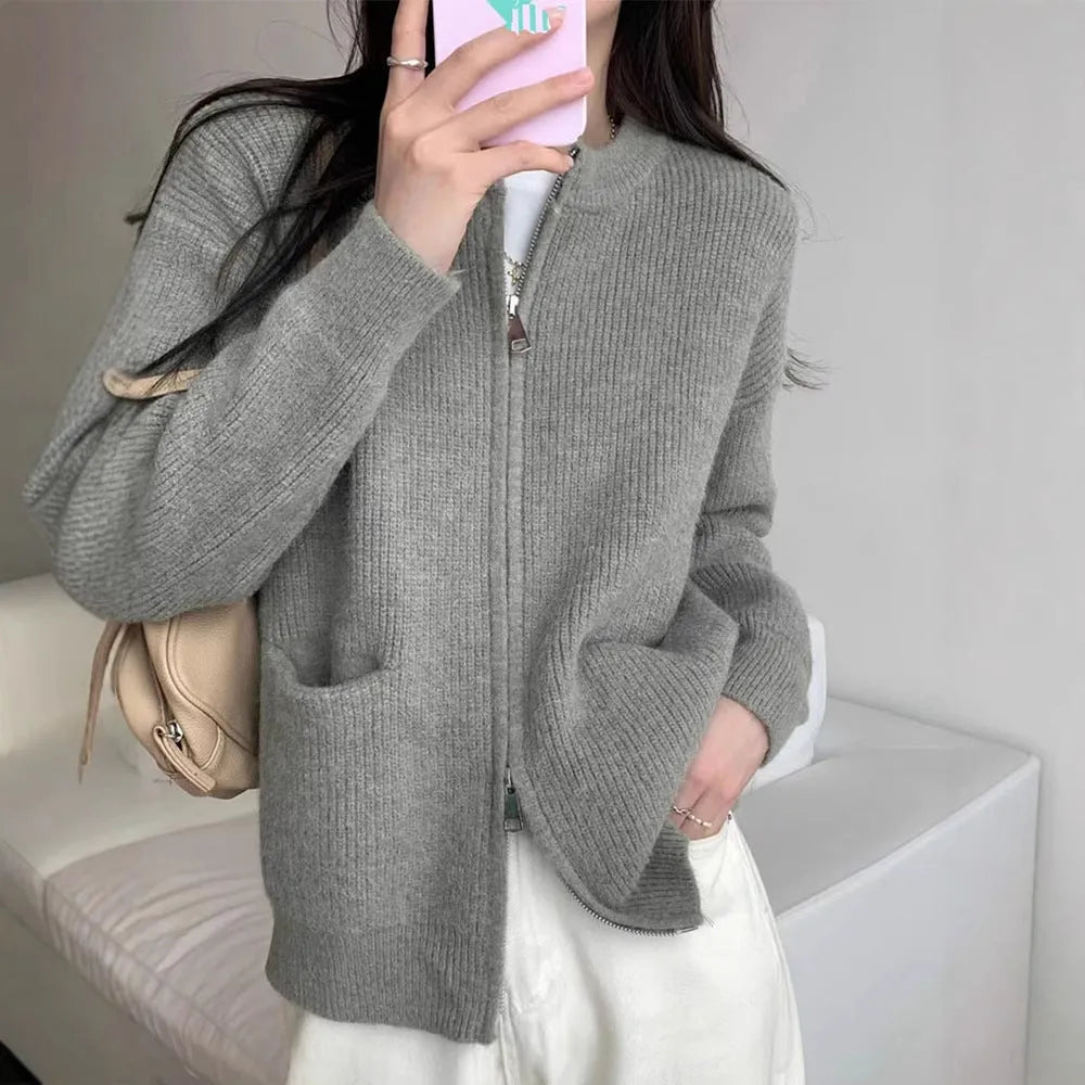 Beige soft glutinous viscose fibre sweater coat cardigan open front long sleeves