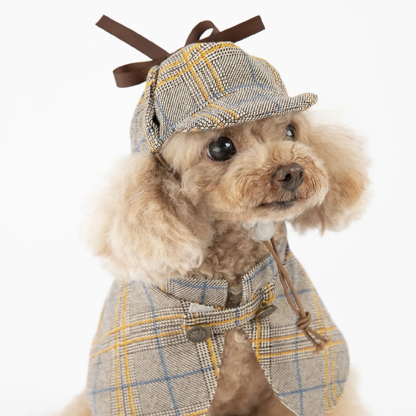 Camel-coloured cotton cloak for a pet with an adjustable hat, shown in a detective suit style.