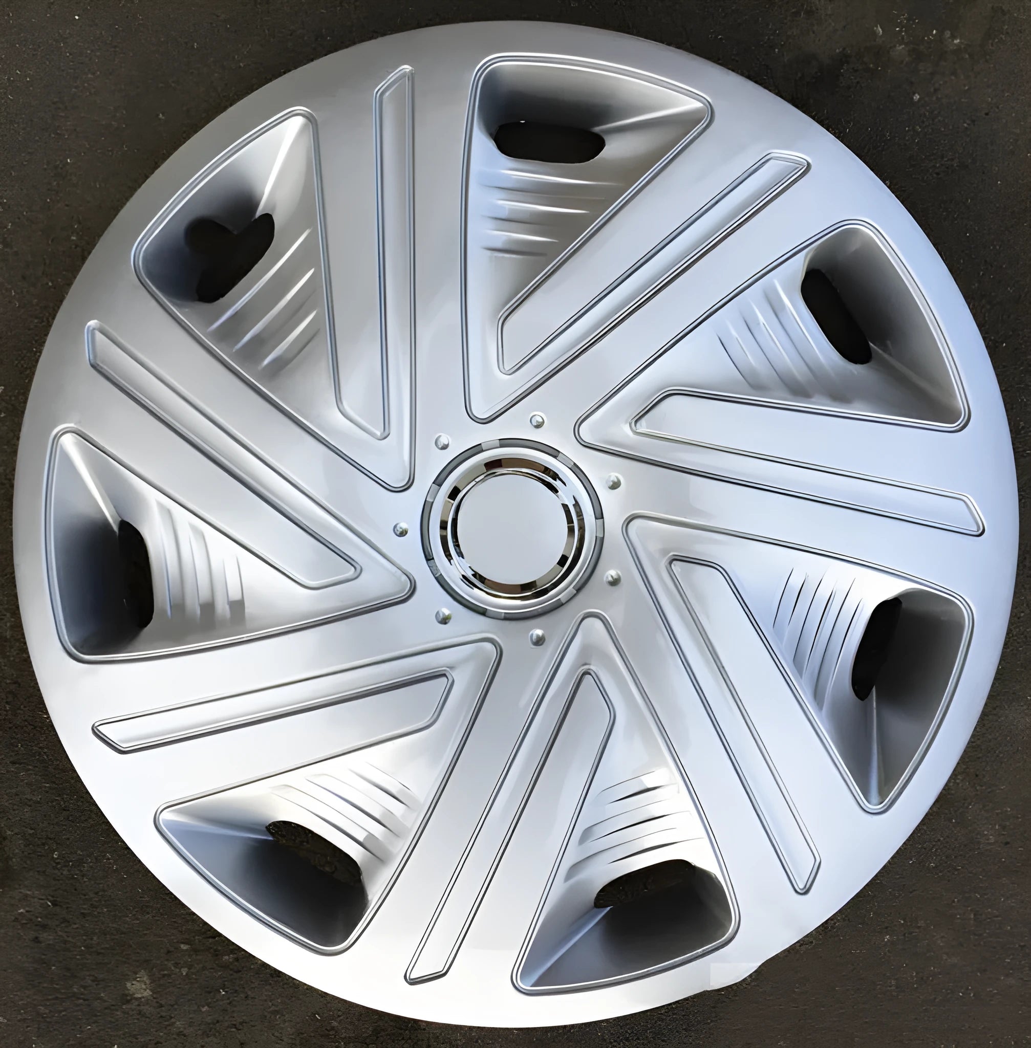 Universal ABS plastic wheel hub cover in monochrome electroplating finish shown from the front.