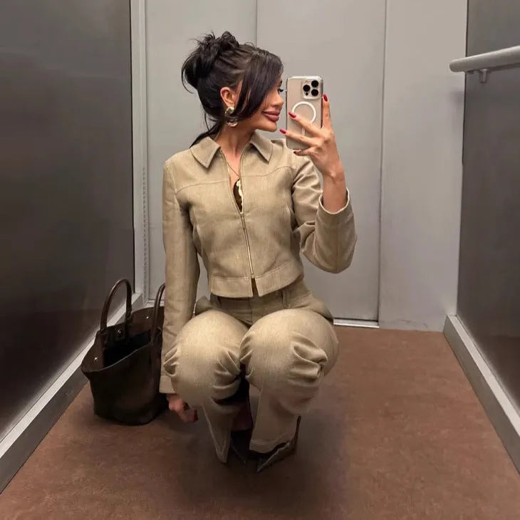Women's herringbone pattern suit set with 3D embroidery, featuring a long-sleeve jacket and straight-leg trousers.