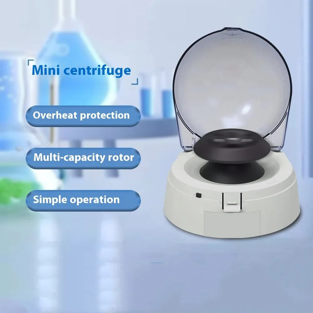 Mini laboratory centrifuge unit measuring 157x170x120mm with 7000 rpm maximum speed