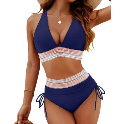 High waisted colour block bikini set with drawstring in polyester fabric for swimming