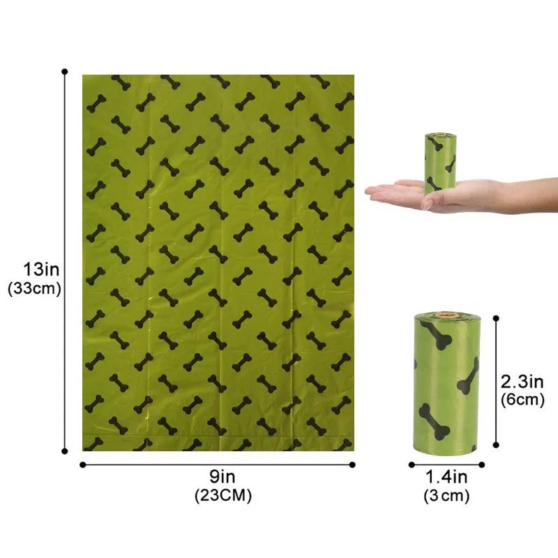 Roll of army green degradable dog poop bags with black bone print, showing bag size of 23x33cm.