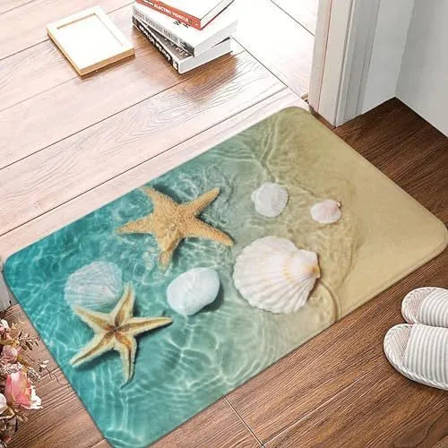 Personalised flannel floor mat in square shape showing coastal starfish and fruit print options