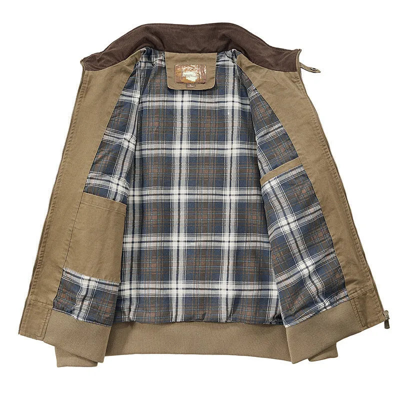 Men's plus size washed cotton baseball flight jacket shown in camel colour.