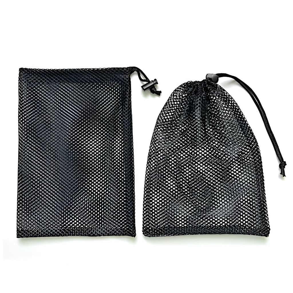 Black mesh drawstring storage bag for children's toys in three size options.