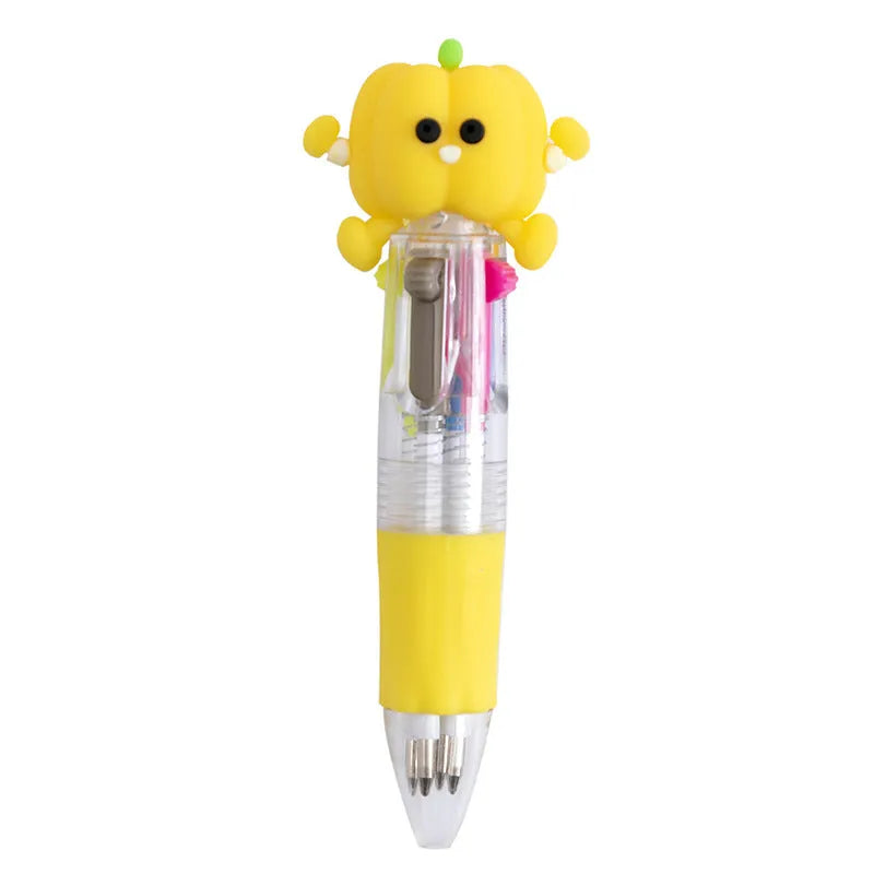 A four-colour ballpoint pen with a press top and a colourful cartoon silicone grip, showing one of five random designs.