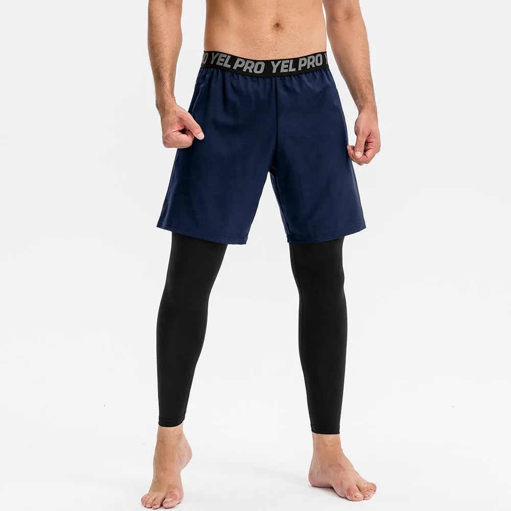 Men's grey quick-drying high elastic tight pants for fitness and running sports.