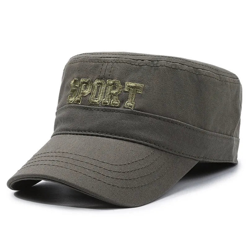 Men's adjustable cotton peaked cap in black, blue, army green, khaki or grey with dome crown and English letters