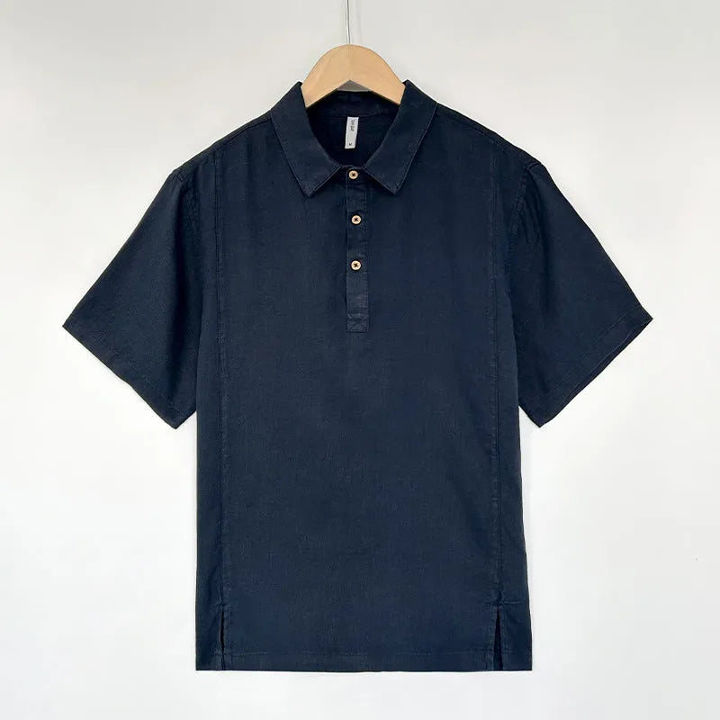 Men's linen summer top in a loose fit with short sleeves, shown in a choice of colours.