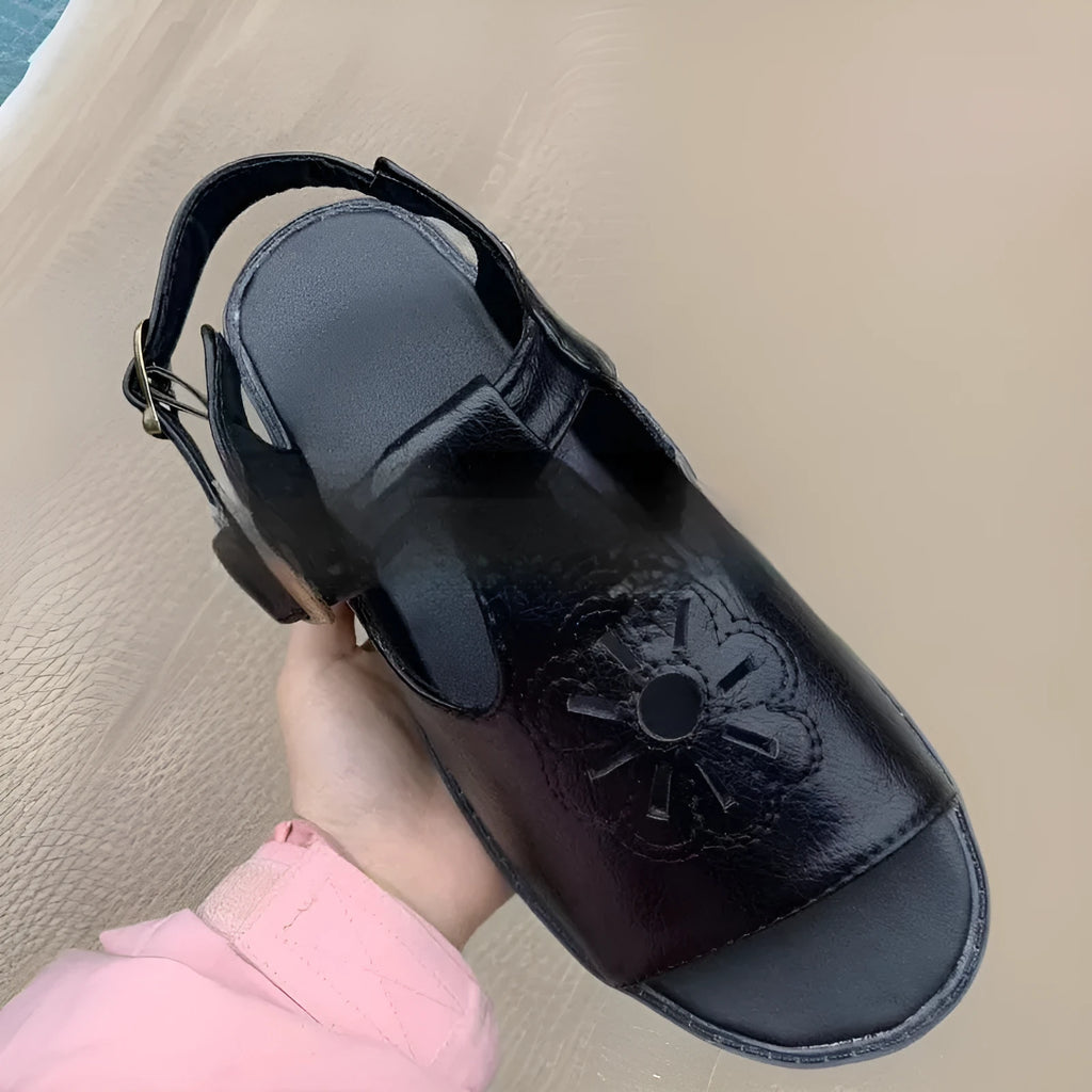 Men's black embroidered beach sandals with flower pattern and flat heel