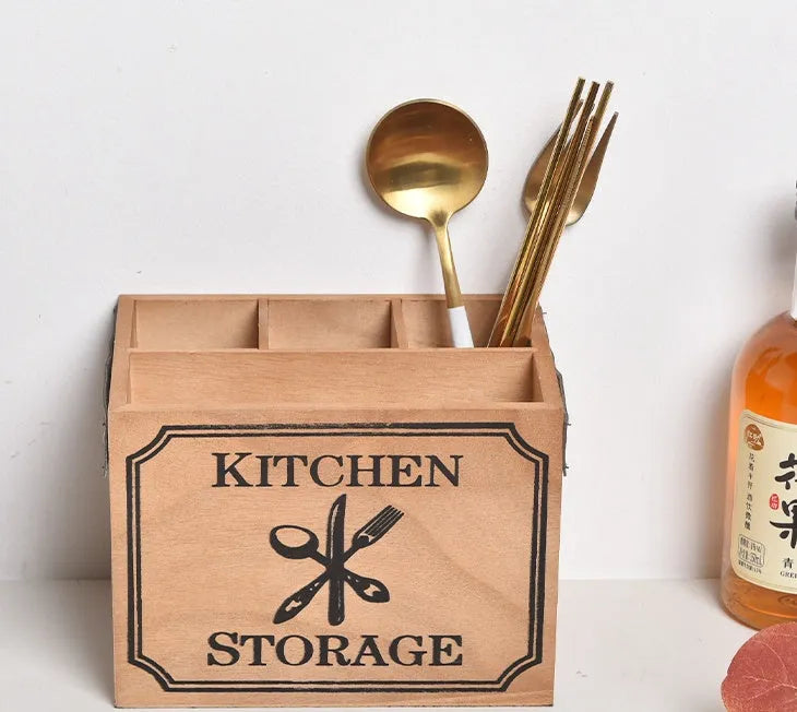 Wooden kitchen storage box with grid divider for knives, forks and chopsticks organisation