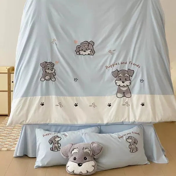 Cartoon Schnauzer embroidered bedding set with quilt cover, sheet, and pillowcases on bed