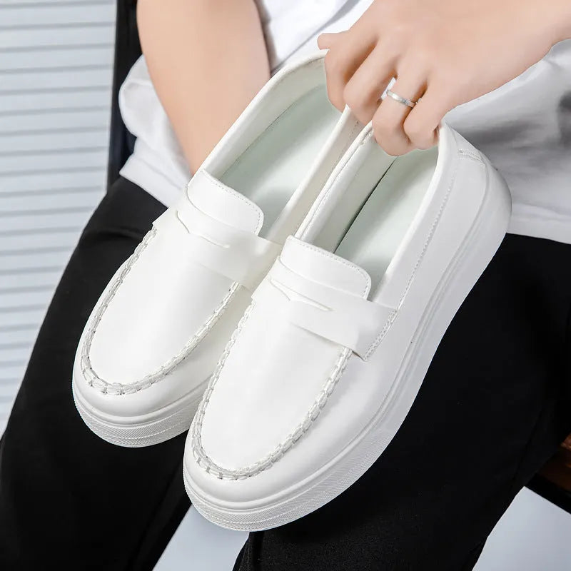 PU leather casual slip-on shoes in round toe design available in white, black and white, and khaki colour options
