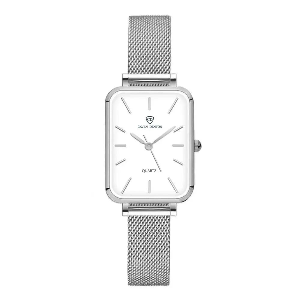 Women's rose gold waterproof quartz watch with woven steel strap and alloy case