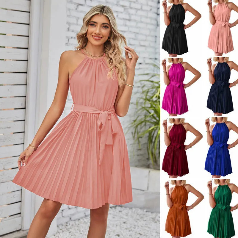 Women's black halter-neck strapless chiffon dress with pleated midi skirt and adjustable waist belt