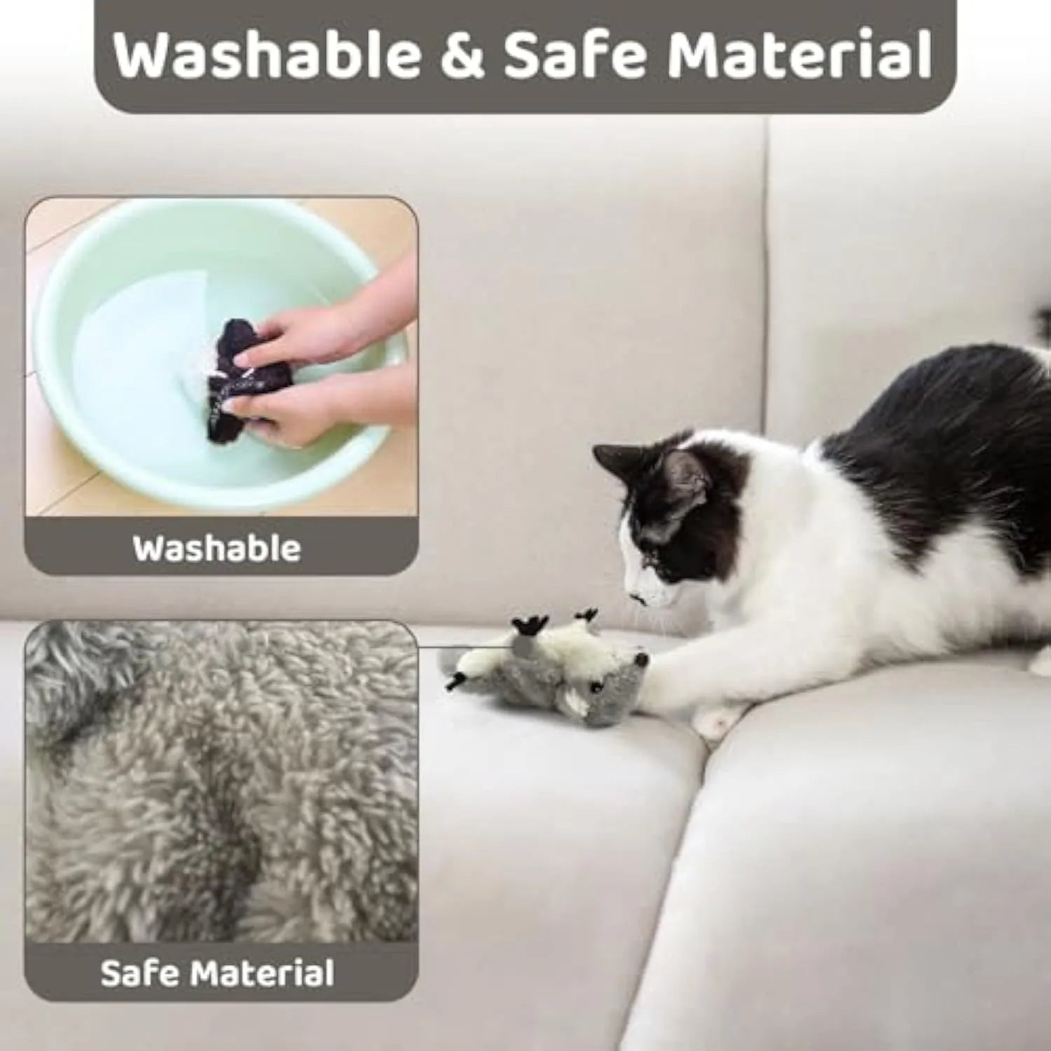 Grey flapping squirrel cat toy with USB charging cable and motion sensor activation