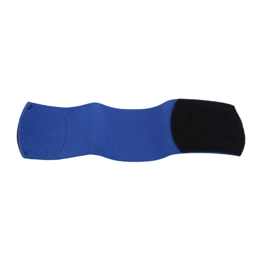 Red rubber elastic strap for securing football shin guards, shown flat measuring 25cm long.