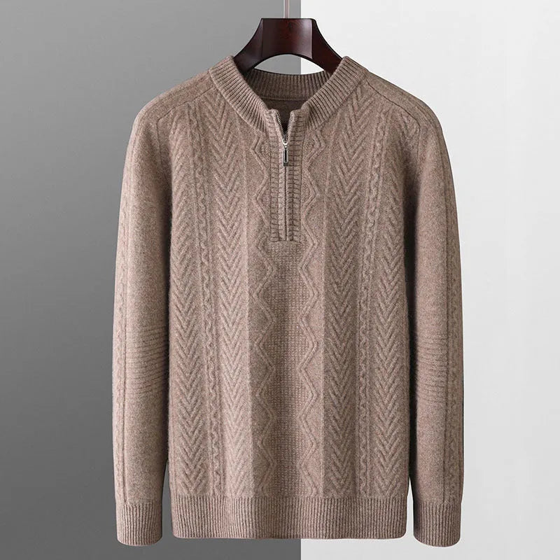 Men's grey diamond pattern wool sweater with half zip front and long sleeves
